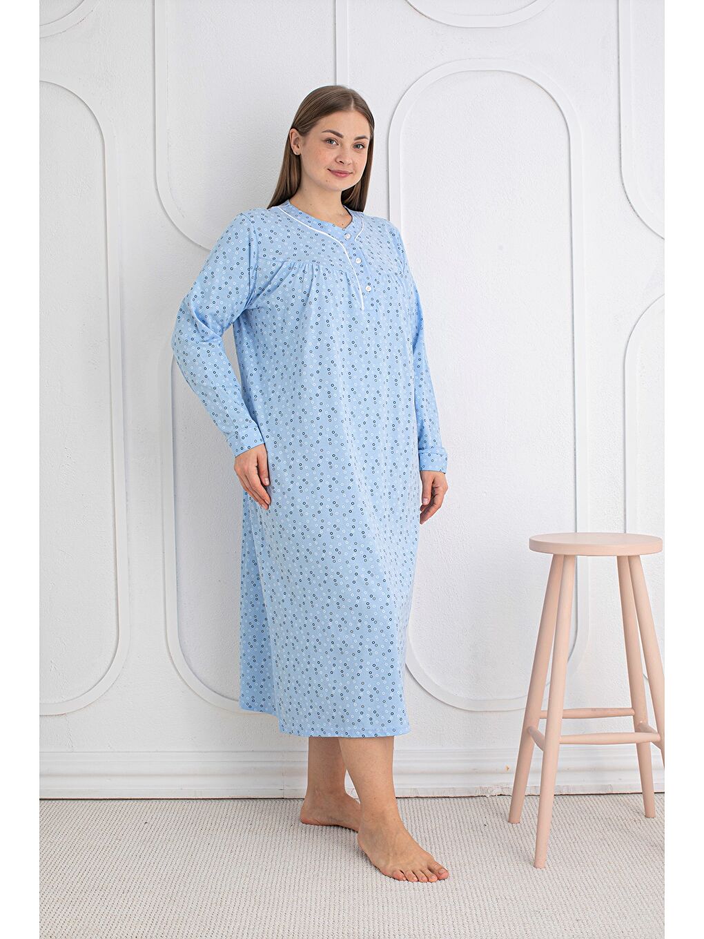 Mavi %100 Pamuklu Mevsimlik Kumaş Uzun Kol Büyük Beden Anne Geceliği 813-1