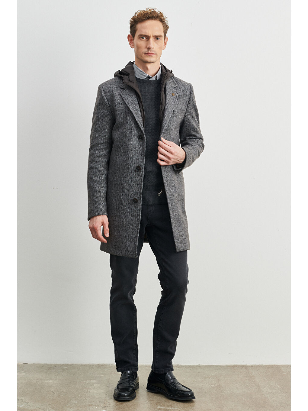 Kahverengi Erkek Kahve-Gri Standart Fit Normal Kesim Çıkarılabilir Kapüşonlu Kaşe Kaban-2