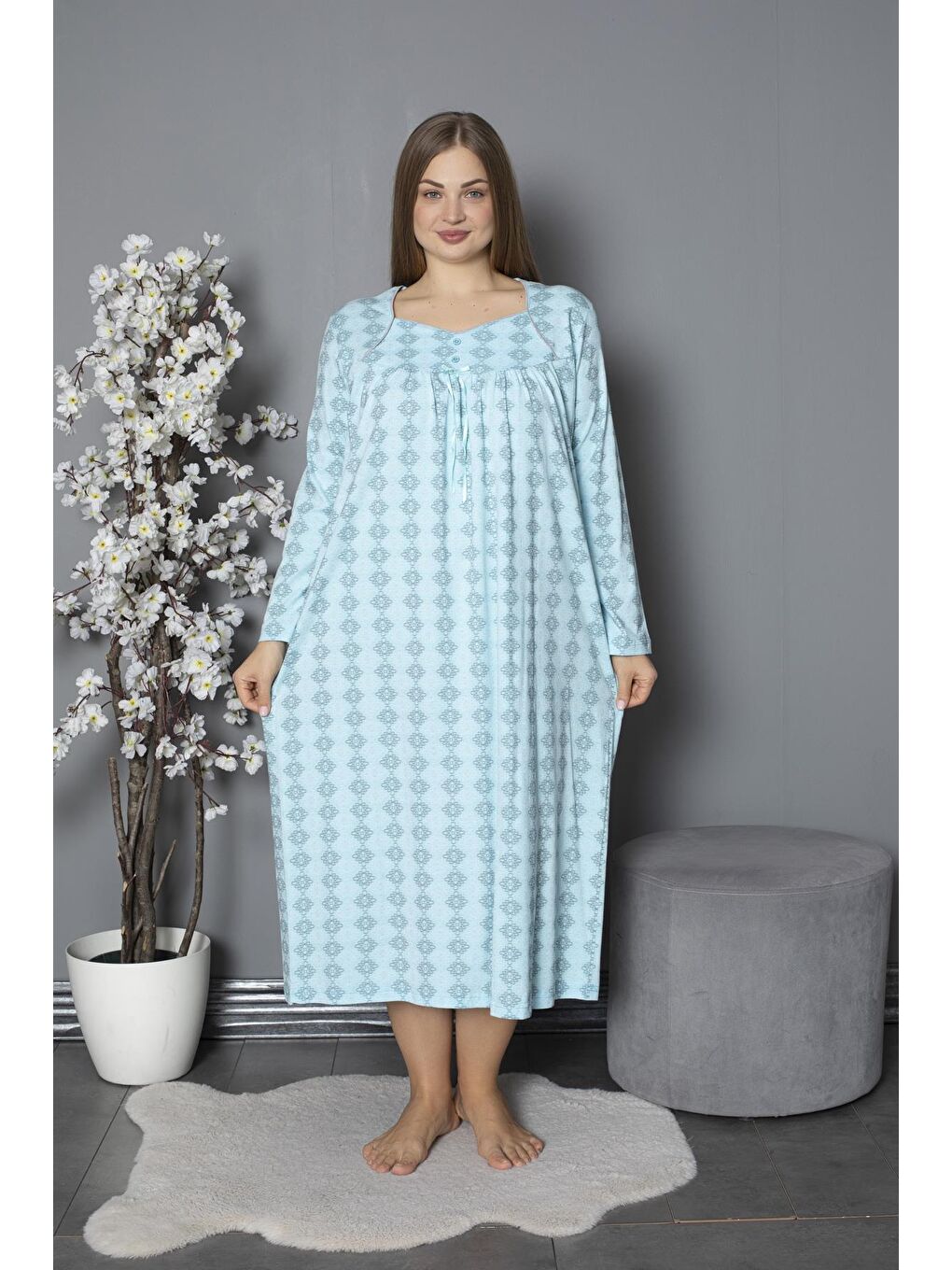 Yeşil %100 Pamuklu Mevsimlik Penye Uzun Kollu Büyük Beden Anne Geceliği 1514