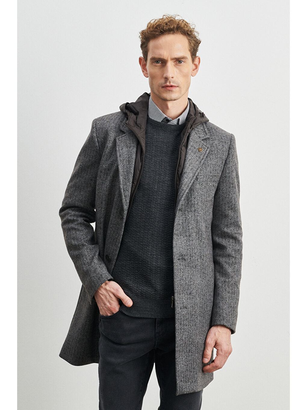 Kahverengi Erkek Kahve-Gri Standart Fit Normal Kesim Çıkarılabilir Kapüşonlu Kaşe Kaban-3