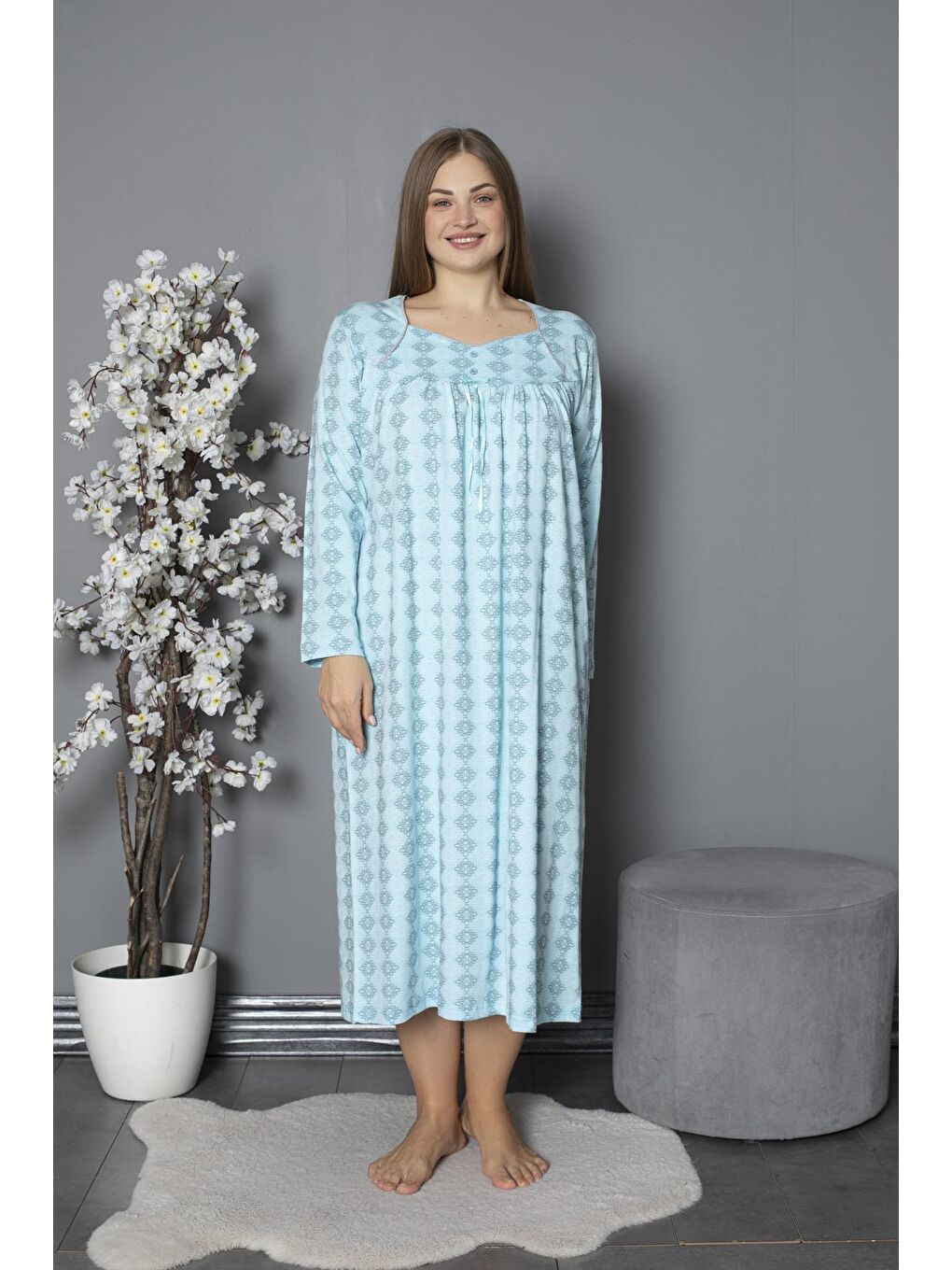 Yeşil %100 Pamuklu Mevsimlik Penye Uzun Kollu Büyük Beden Anne Geceliği 1514-1