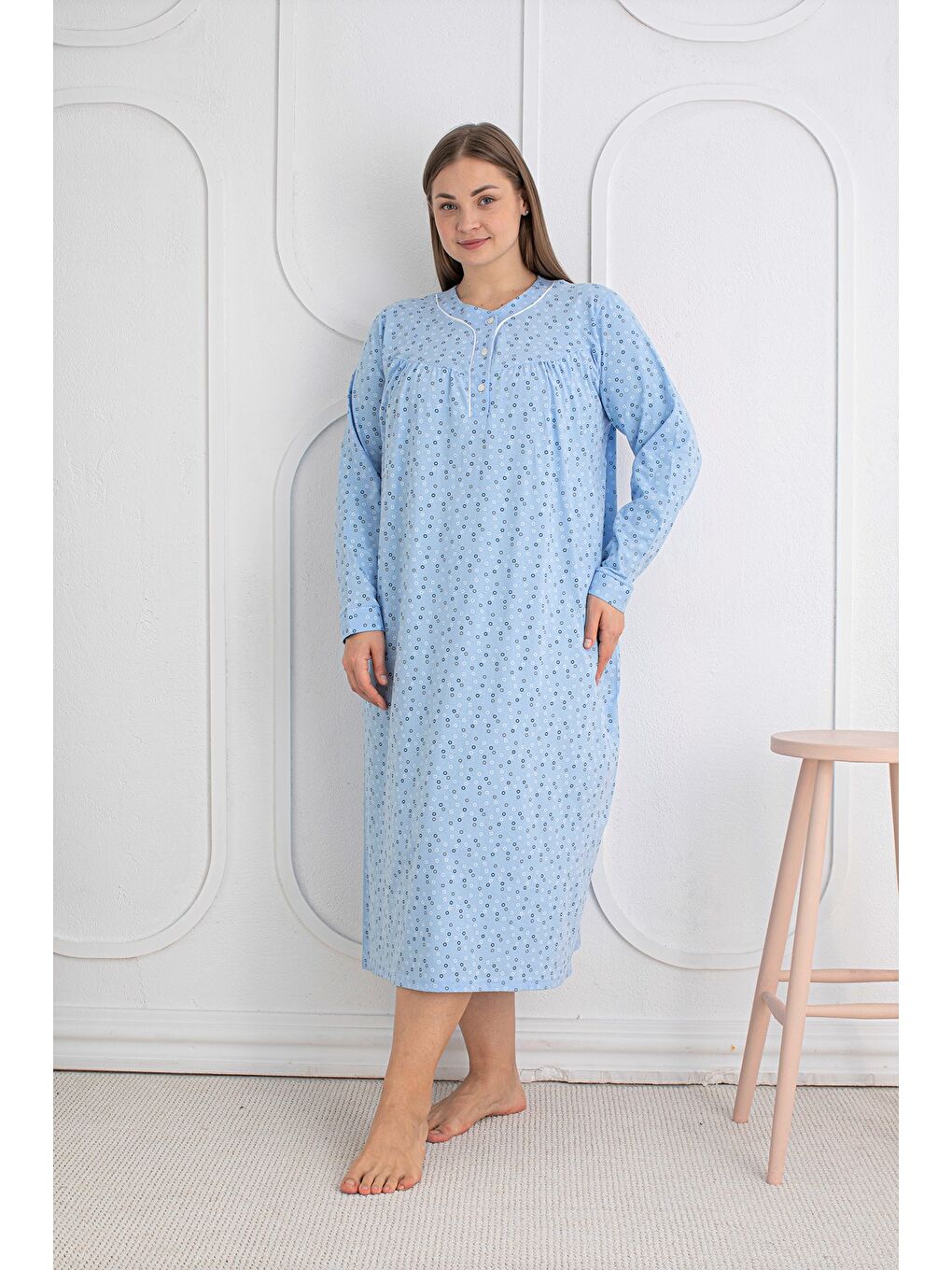 Mavi %100 Pamuklu Mevsimlik Kumaş Uzun Kol Büyük Beden Anne Geceliği 813-2