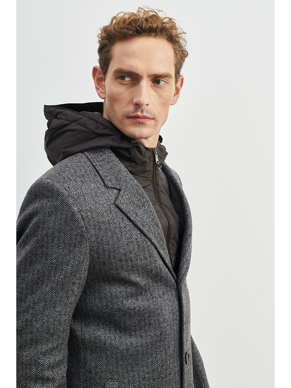 Kahverengi Erkek Kahve-Gri Standart Fit Normal Kesim Çıkarılabilir Kapüşonlu Kaşe Kaban-4