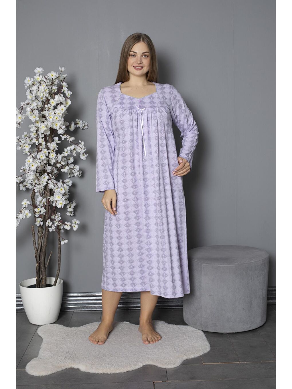 Lila %100 Pamuklu Mevsimlik Penye Uzun Kollu Büyük Beden Anne Geceliği 1514-1