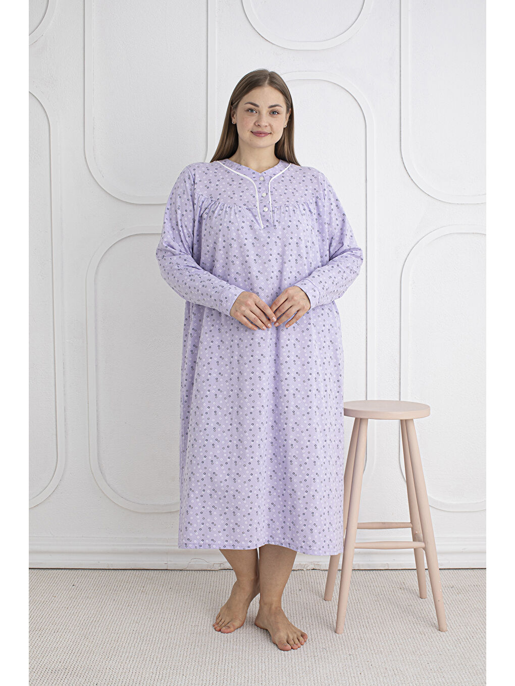 Lila %100 Pamuklu Mevsimlik Kumaş Uzun Kol Büyük Beden Anne Geceliği 813
