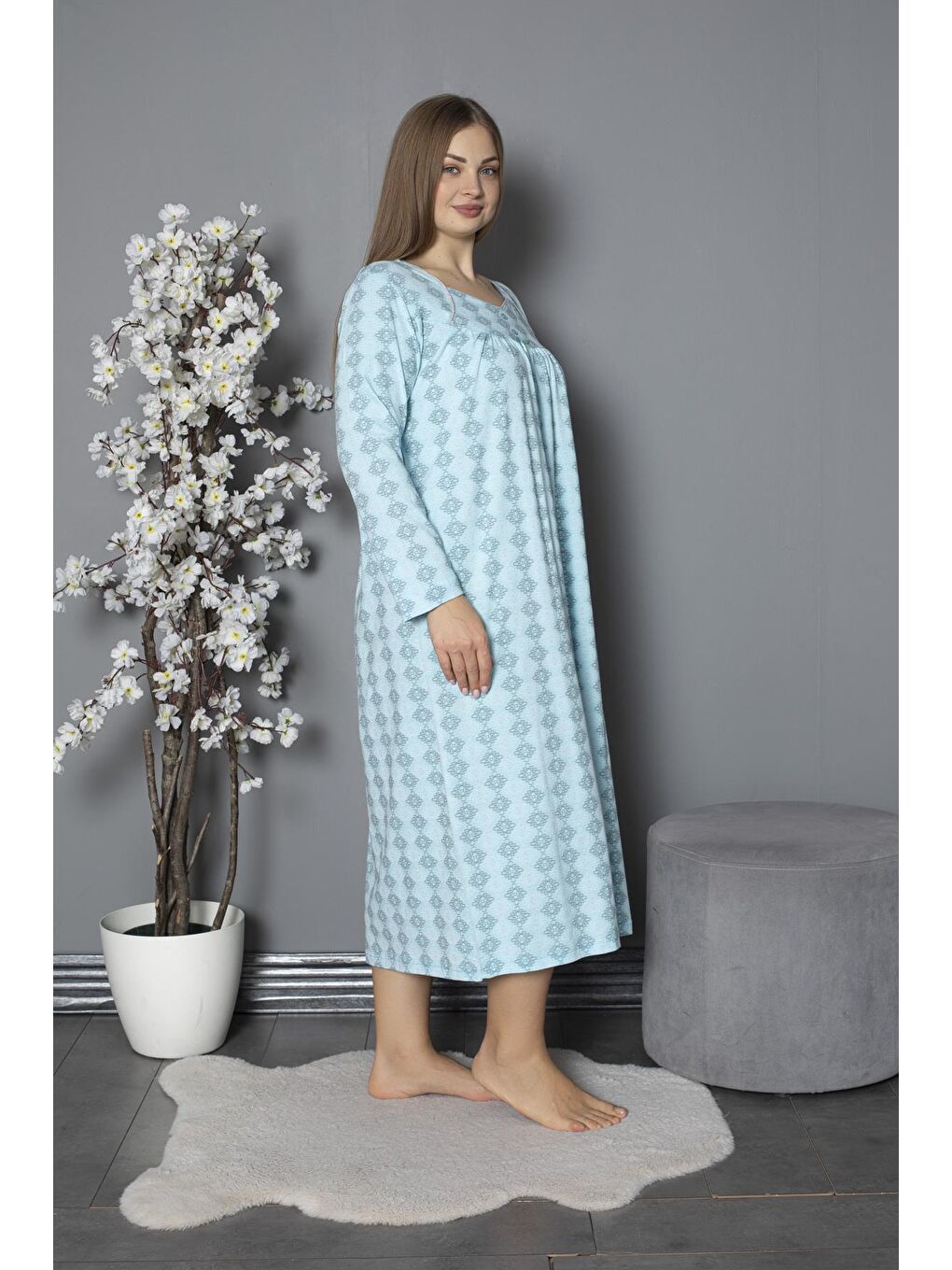 Yeşil %100 Pamuklu Mevsimlik Penye Uzun Kollu Büyük Beden Anne Geceliği 1514-2