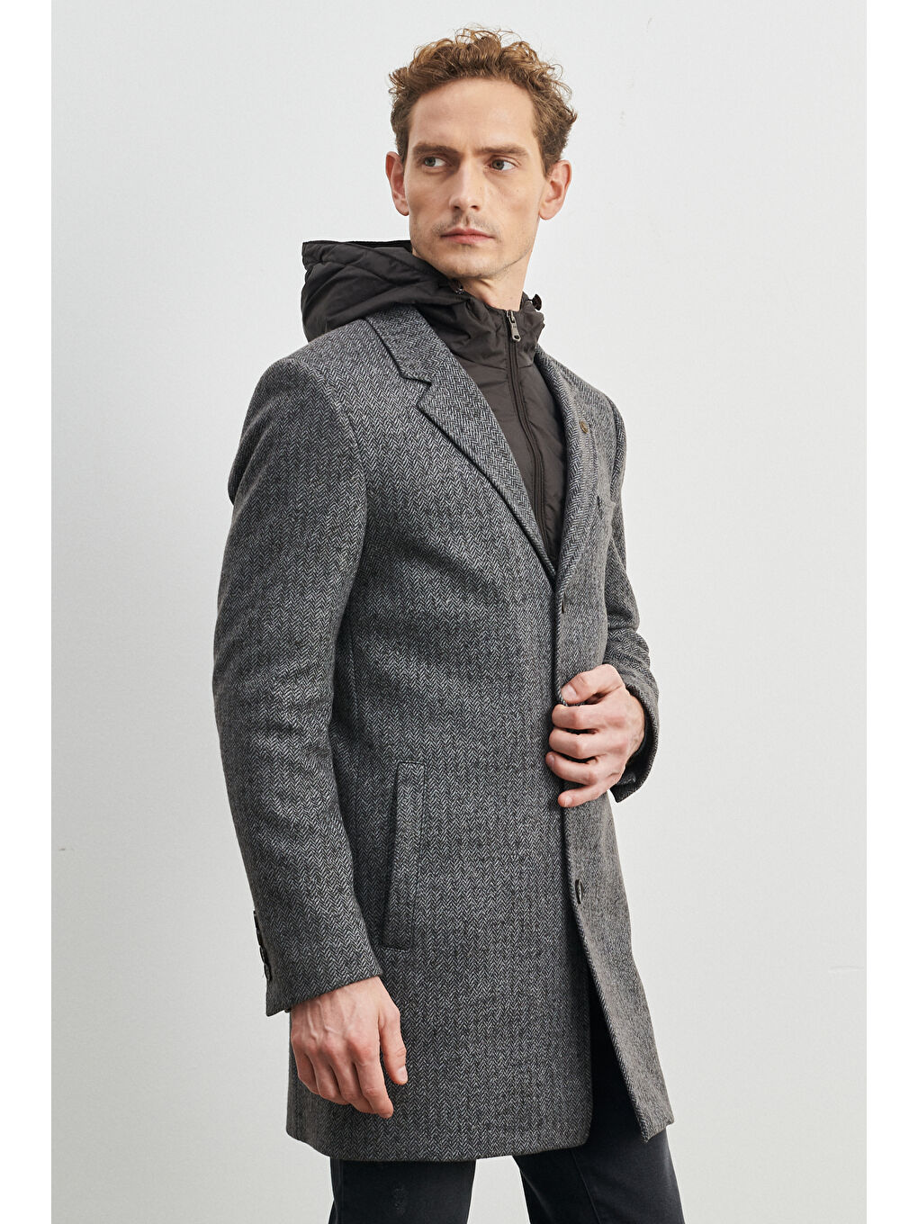 Kahverengi Erkek Kahve-Gri Standart Fit Normal Kesim Çıkarılabilir Kapüşonlu Kaşe Kaban-5