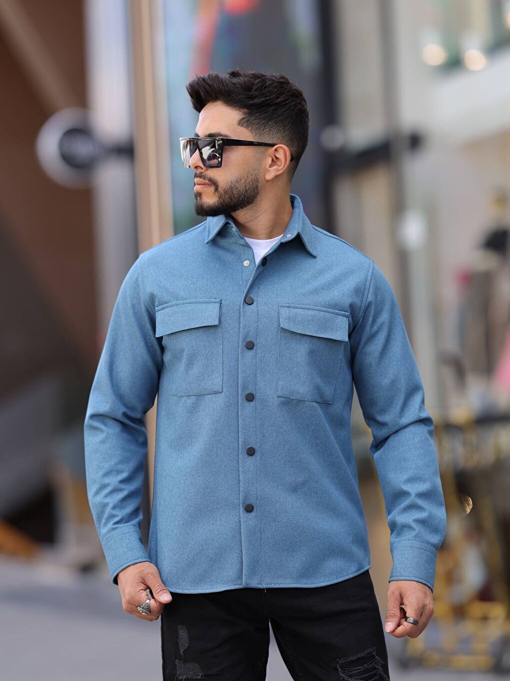 İndigo Erkek Kaplamalı Yün Effectli Örme Gömlek-1