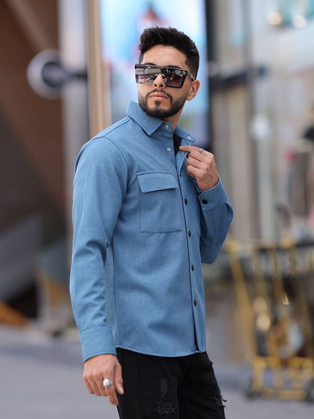 İndigo Erkek Kaplamalı Yün Effectli Örme Gömlek-2