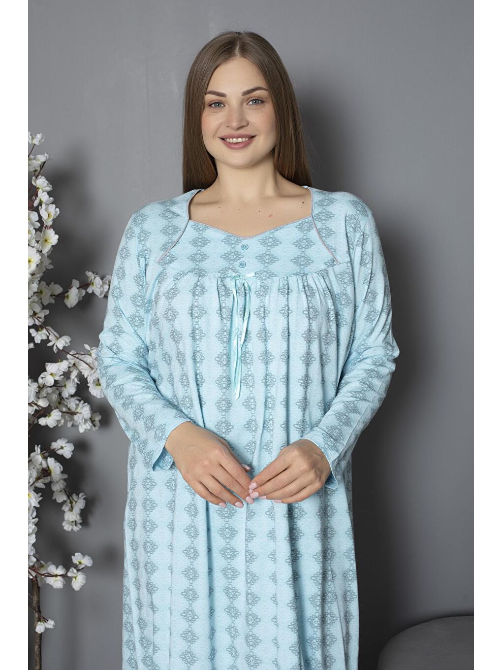 Yeşil %100 Pamuklu Mevsimlik Penye Uzun Kollu Büyük Beden Anne Geceliği 1514-3