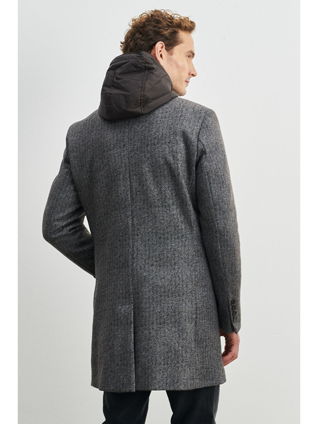 Kahverengi Erkek Kahve-Gri Standart Fit Normal Kesim Çıkarılabilir Kapüşonlu Kaşe Kaban-6