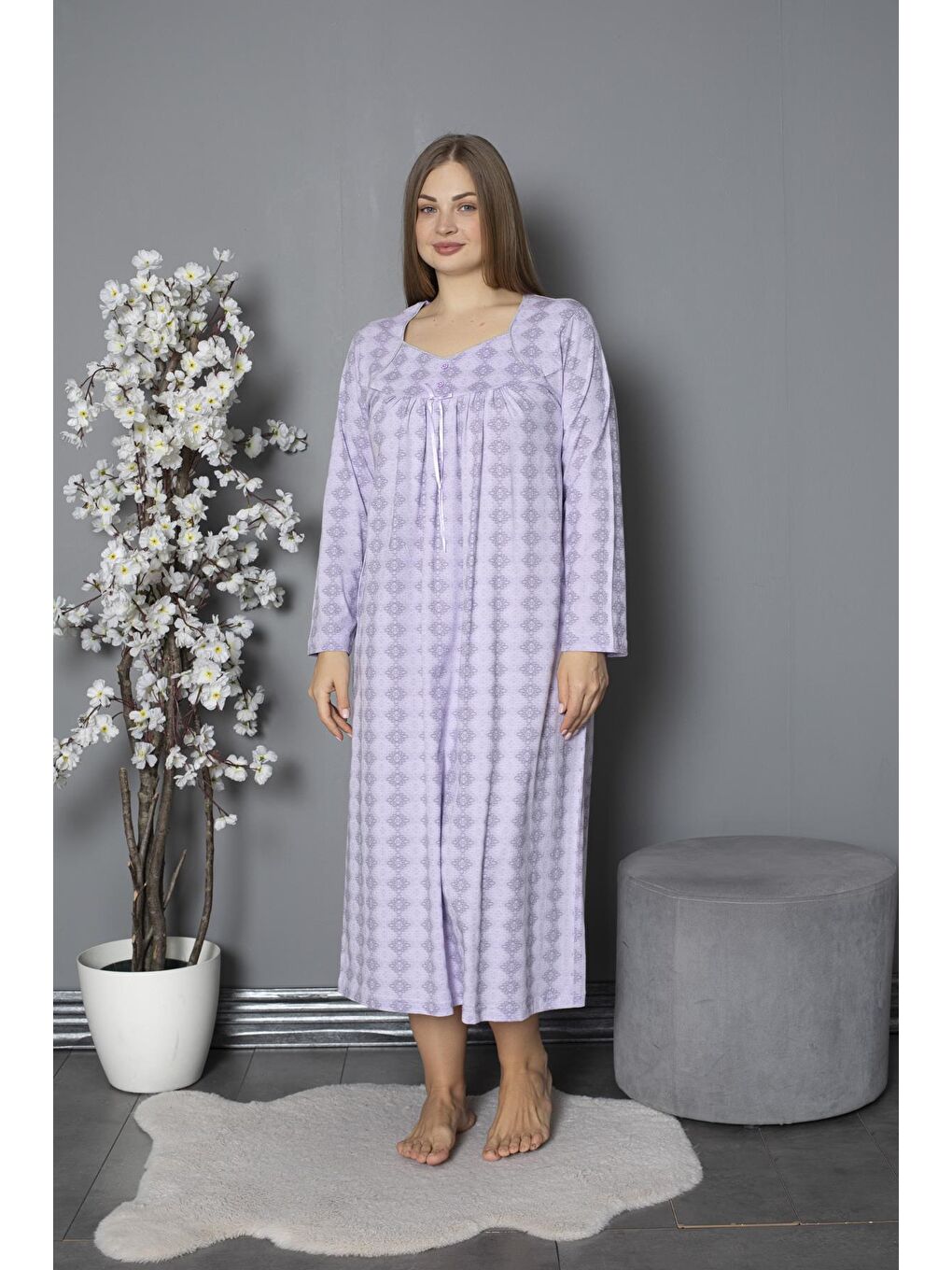 Lila %100 Pamuklu Mevsimlik Penye Uzun Kollu Büyük Beden Anne Geceliği 1514-2