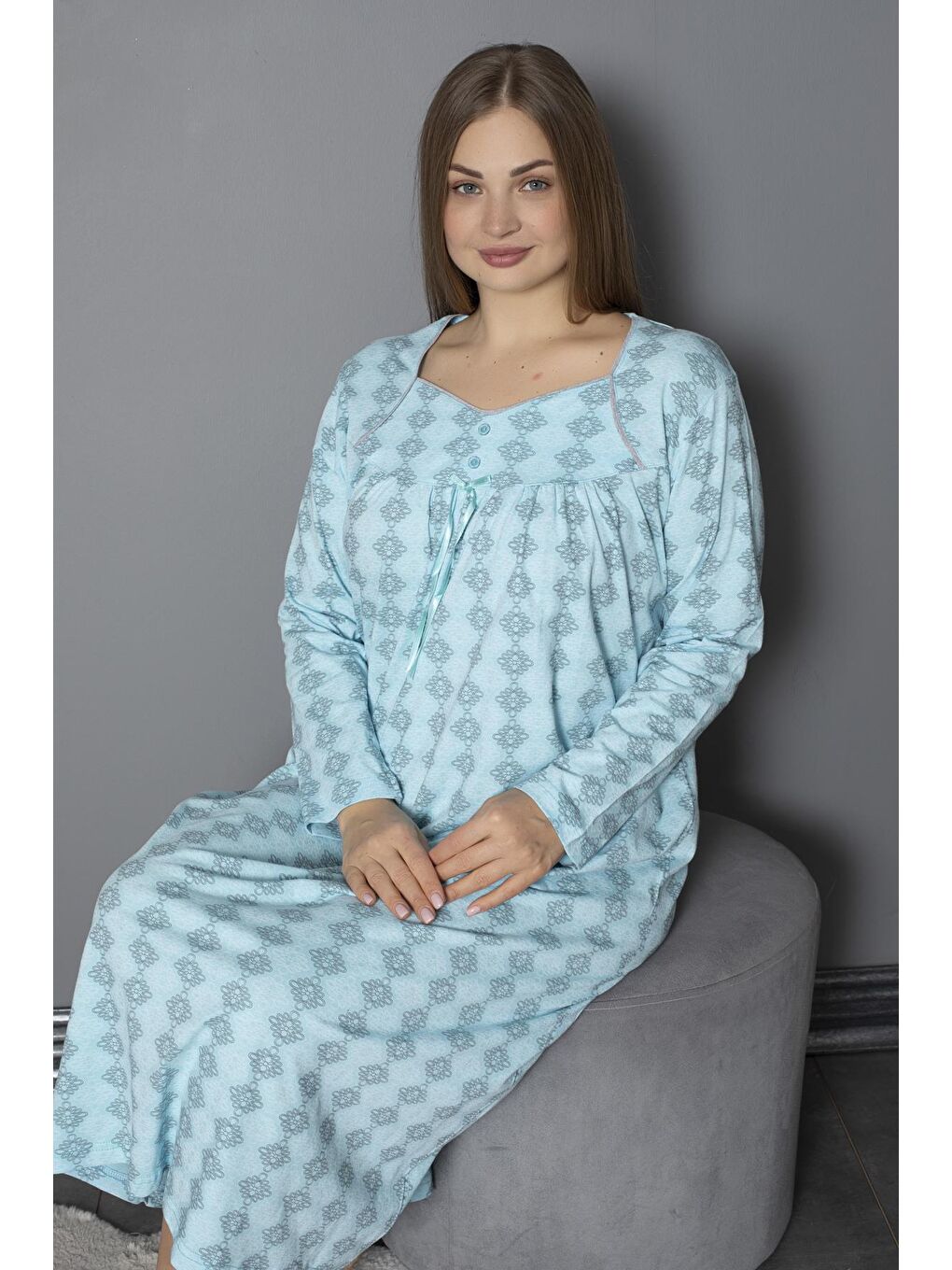 Yeşil %100 Pamuklu Mevsimlik Penye Uzun Kollu Büyük Beden Anne Geceliği 1514-4
