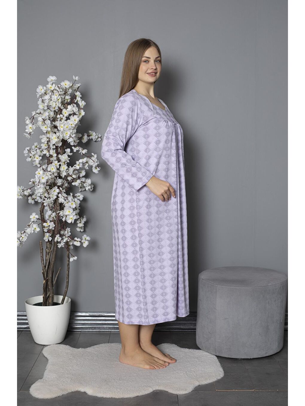 Lila %100 Pamuklu Mevsimlik Penye Uzun Kollu Büyük Beden Anne Geceliği 1514-3