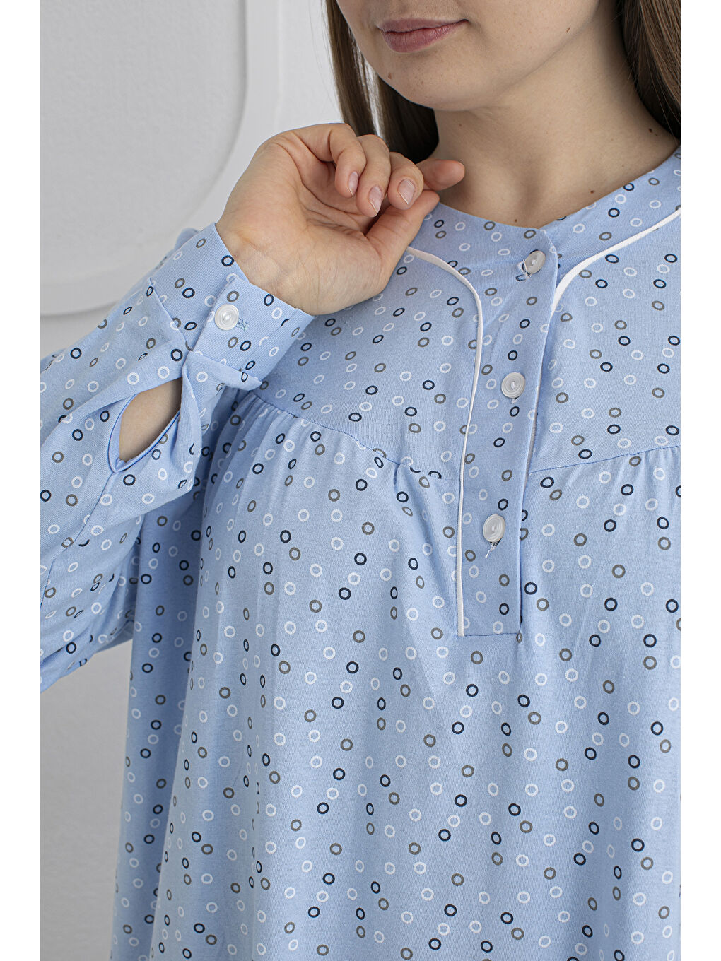 Mavi %100 Pamuklu Mevsimlik Kumaş Uzun Kol Büyük Beden Anne Geceliği 813-3