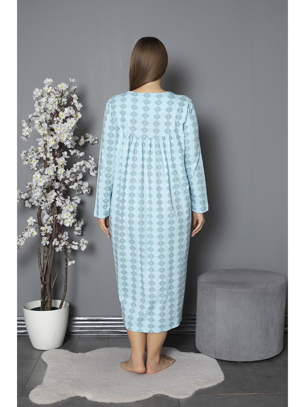 Yeşil %100 Pamuklu Mevsimlik Penye Uzun Kollu Büyük Beden Anne Geceliği 1514-5