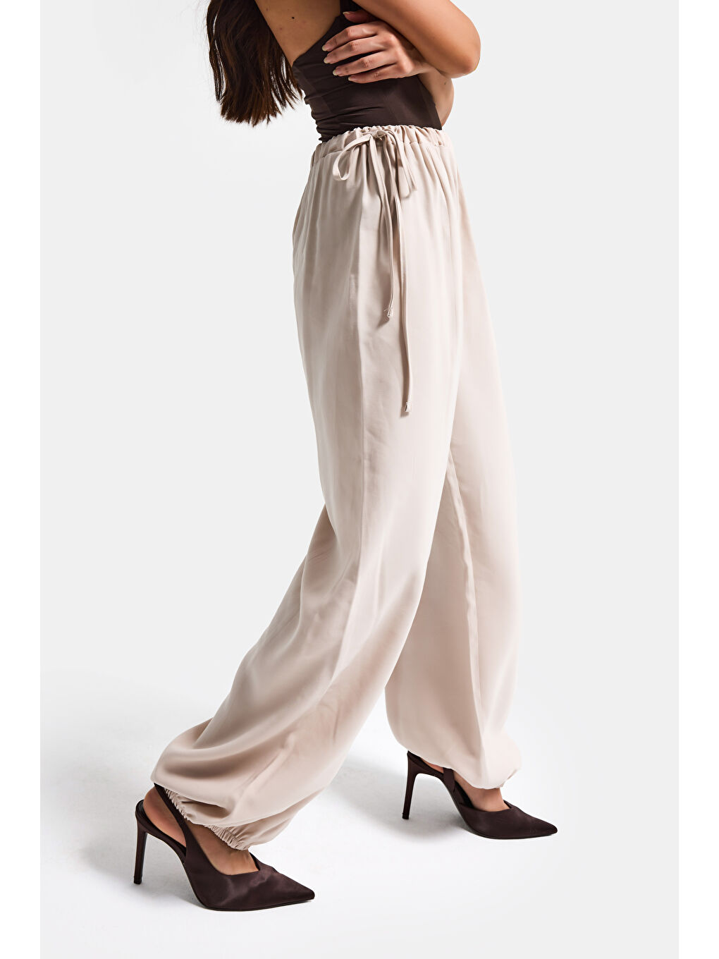 Kadın Bej s6-106 Baggy Jogger Fit Bol Kesim Pantolon-1