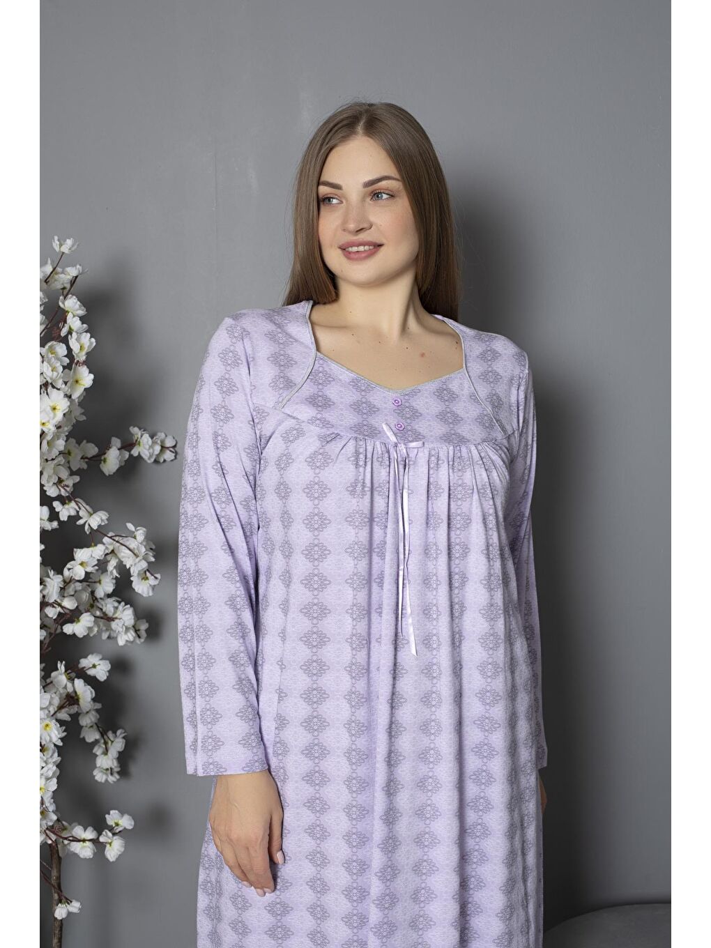 Lila %100 Pamuklu Mevsimlik Penye Uzun Kollu Büyük Beden Anne Geceliği 1514-4