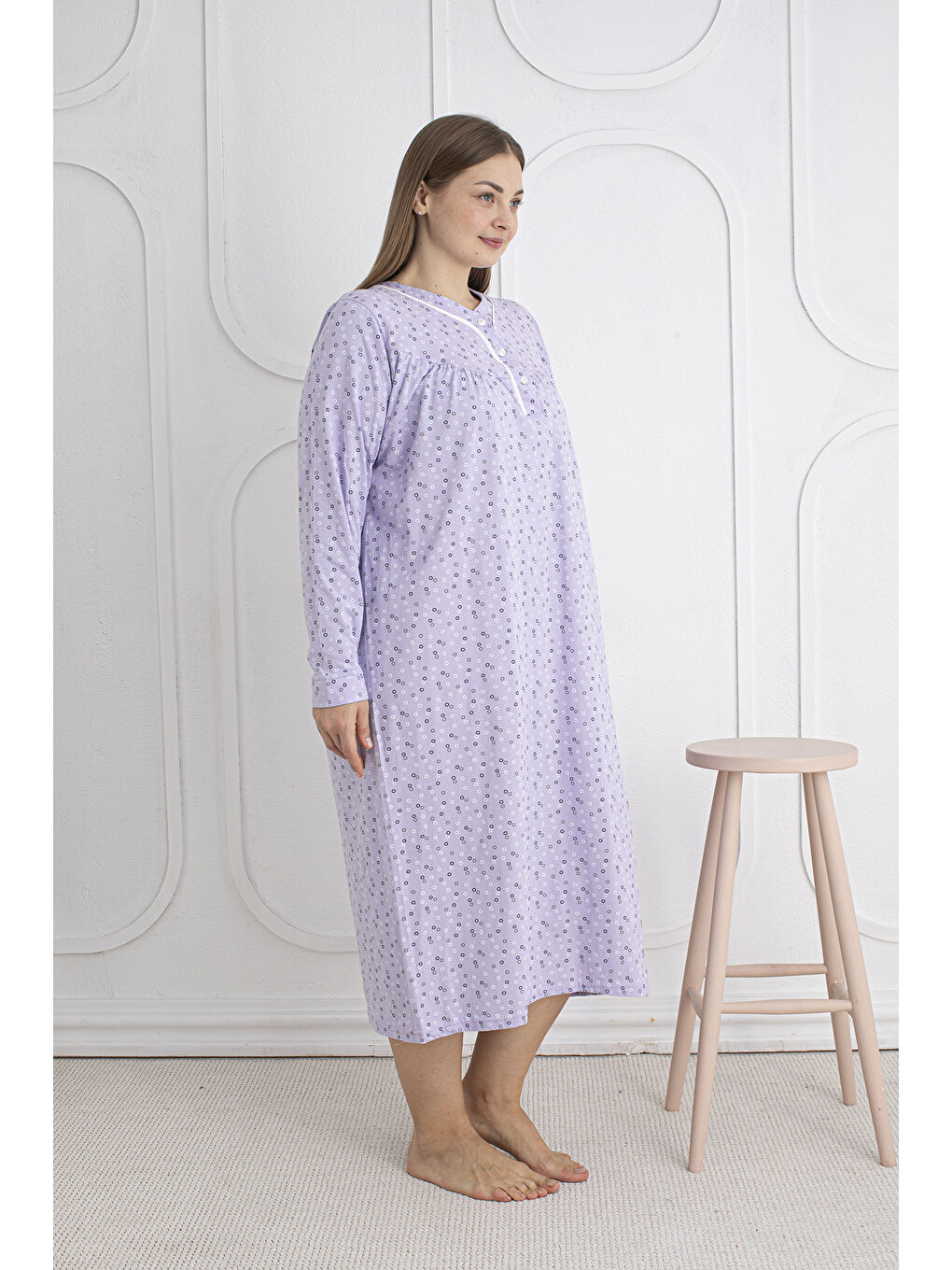Lila %100 Pamuklu Mevsimlik Kumaş Uzun Kol Büyük Beden Anne Geceliği 813-1