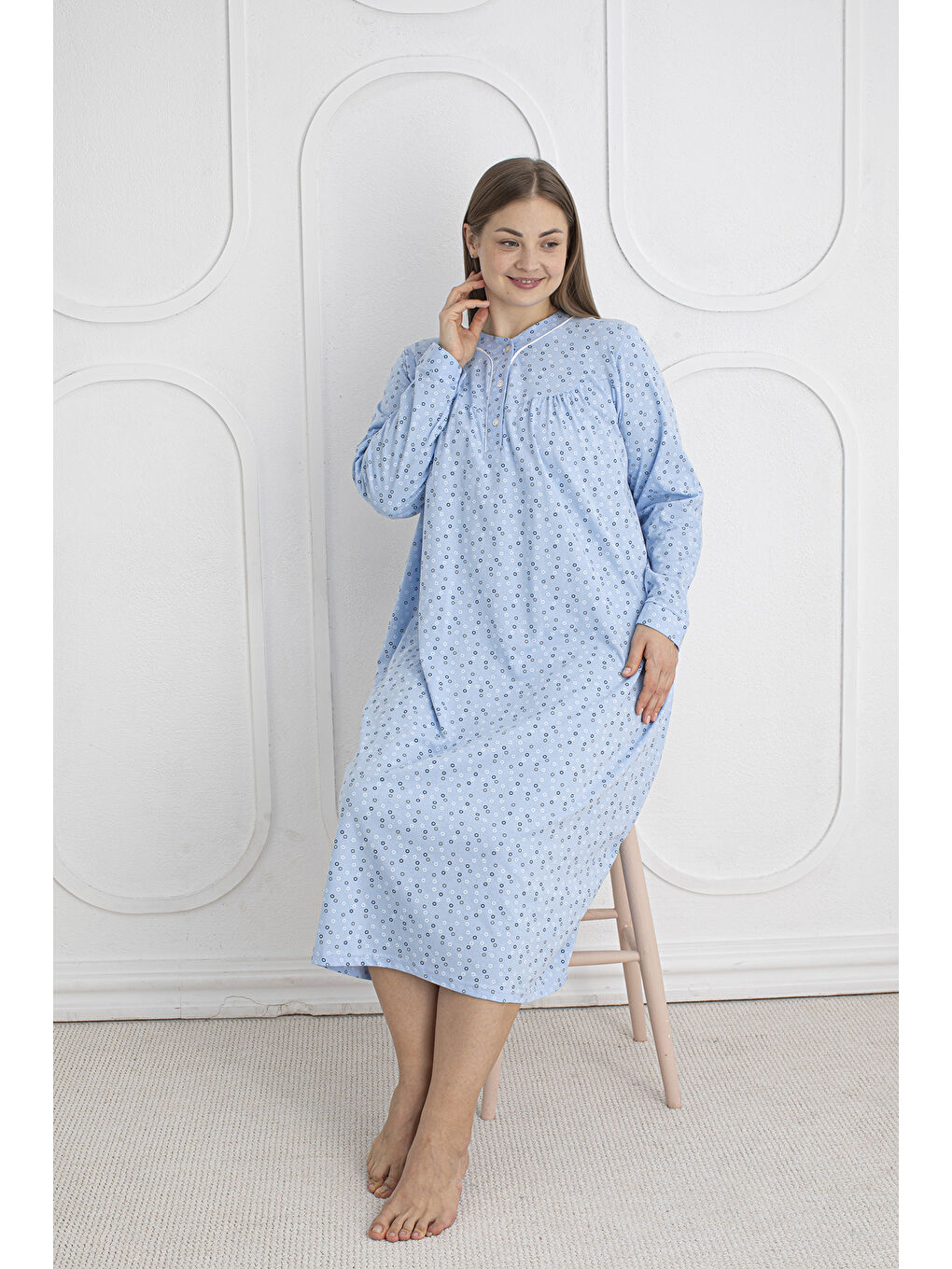 Mavi %100 Pamuklu Mevsimlik Kumaş Uzun Kol Büyük Beden Anne Geceliği 813-4