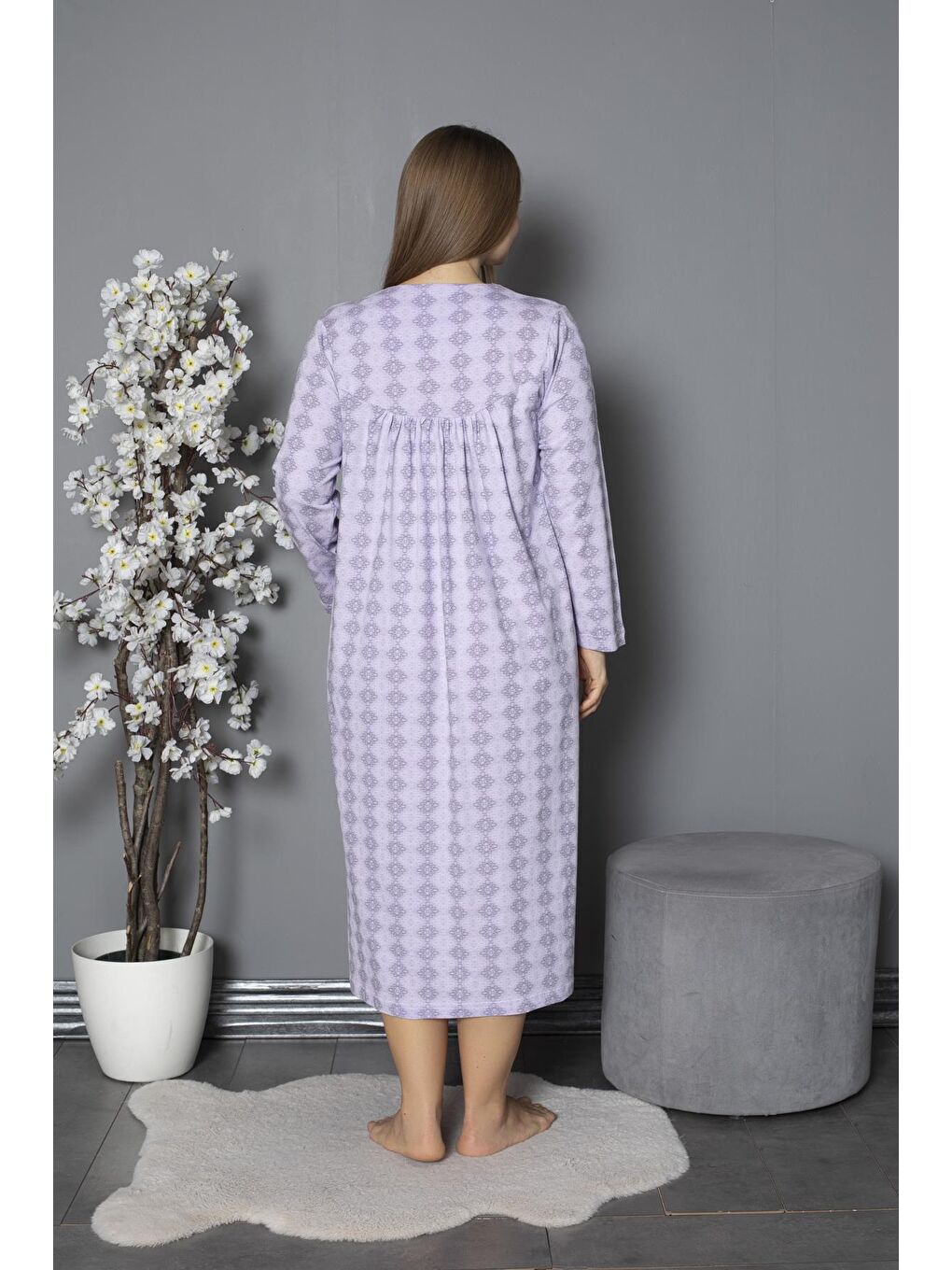 Lila %100 Pamuklu Mevsimlik Penye Uzun Kollu Büyük Beden Anne Geceliği 1514-5