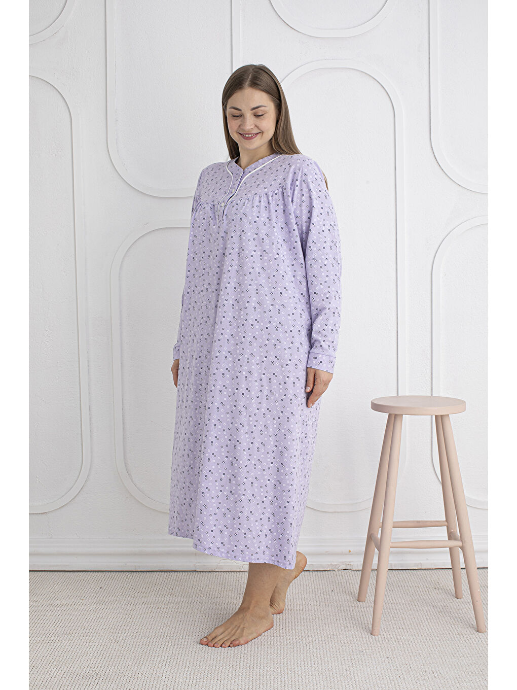 Lila %100 Pamuklu Mevsimlik Kumaş Uzun Kol Büyük Beden Anne Geceliği 813-2