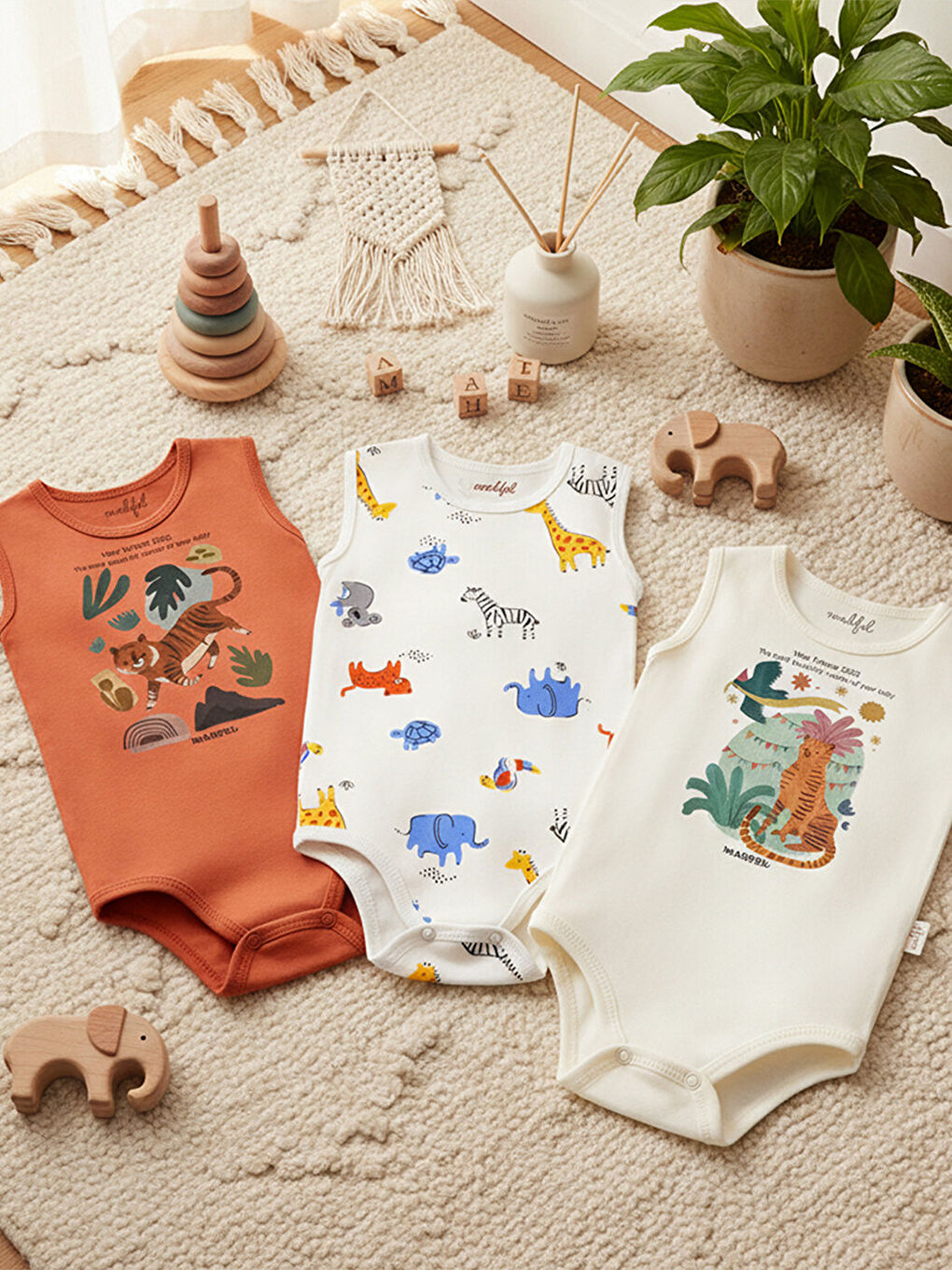 Kahverengi %100 Pamuklu 3'lü Atlet Çıtçıtlı Bebek Body Zıbın 751-750-2