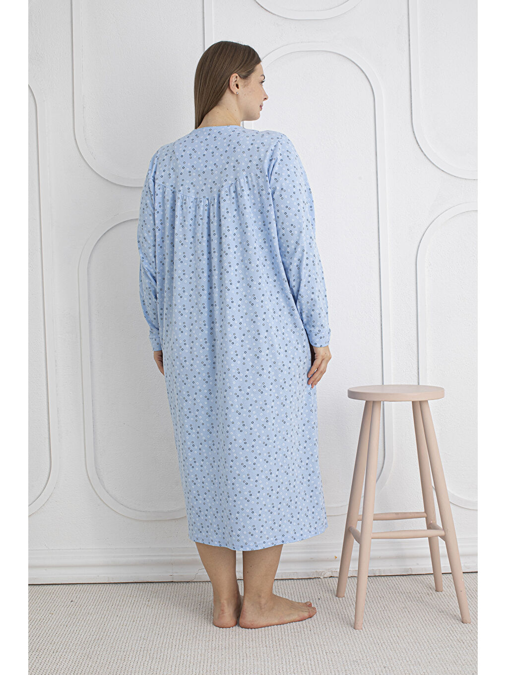 Mavi %100 Pamuklu Mevsimlik Kumaş Uzun Kol Büyük Beden Anne Geceliği 813-5