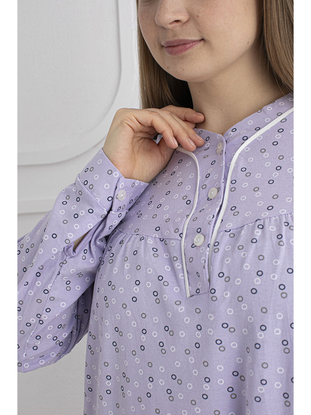 Lila %100 Pamuklu Mevsimlik Kumaş Uzun Kol Büyük Beden Anne Geceliği 813-3