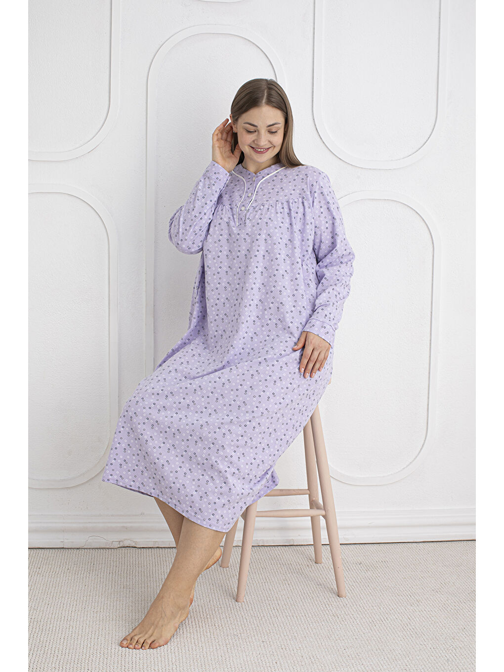 Lila %100 Pamuklu Mevsimlik Kumaş Uzun Kol Büyük Beden Anne Geceliği 813-4