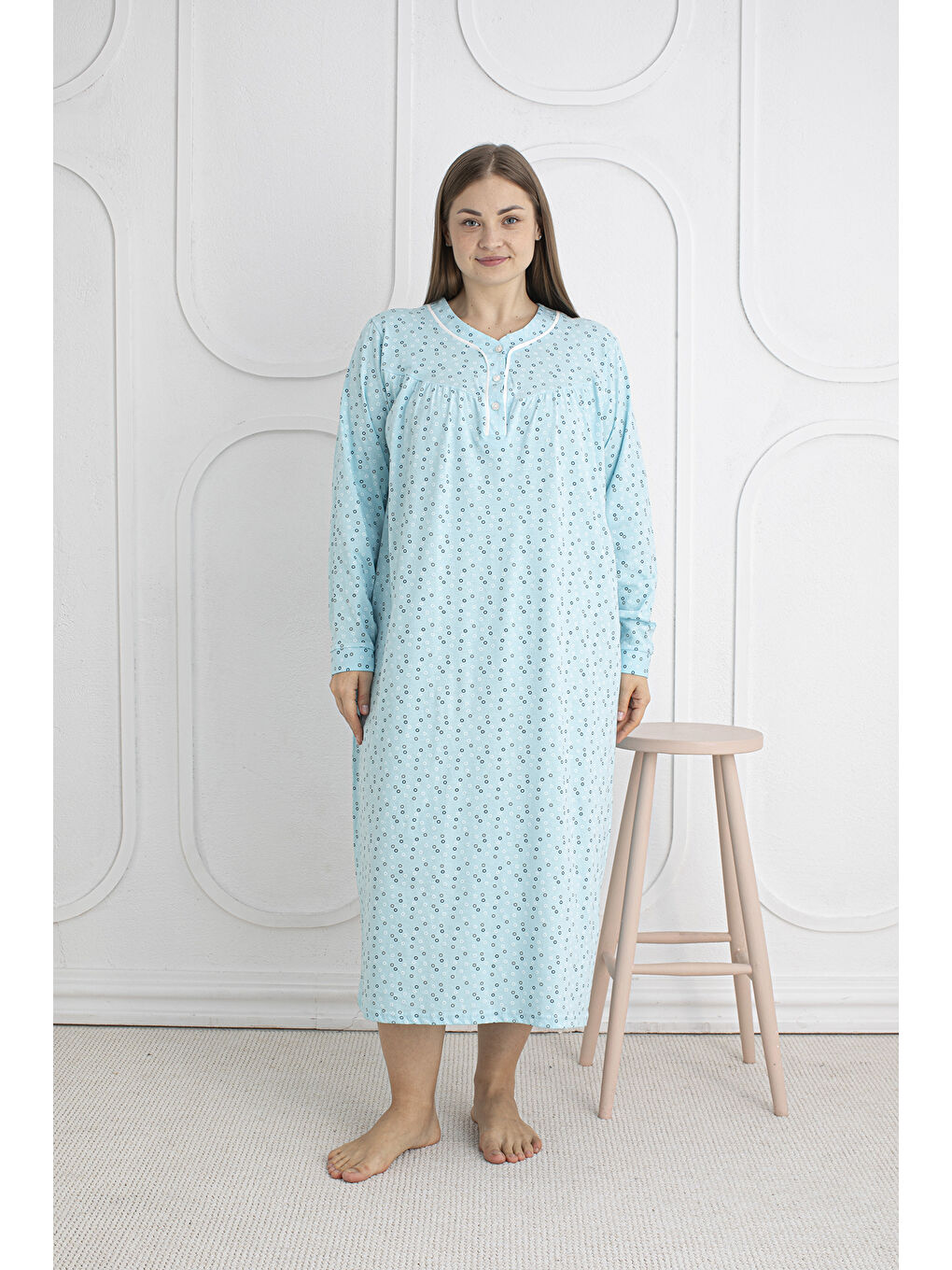 Yeşil %100 Pamuklu Mevsimlik Kumaş Uzun Kol Büyük Beden Anne Geceliği 813