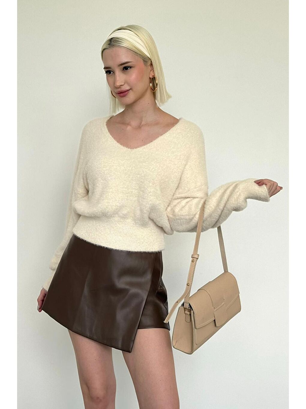 Kahverengi Deri Mini Şort Etek Mg2550-3