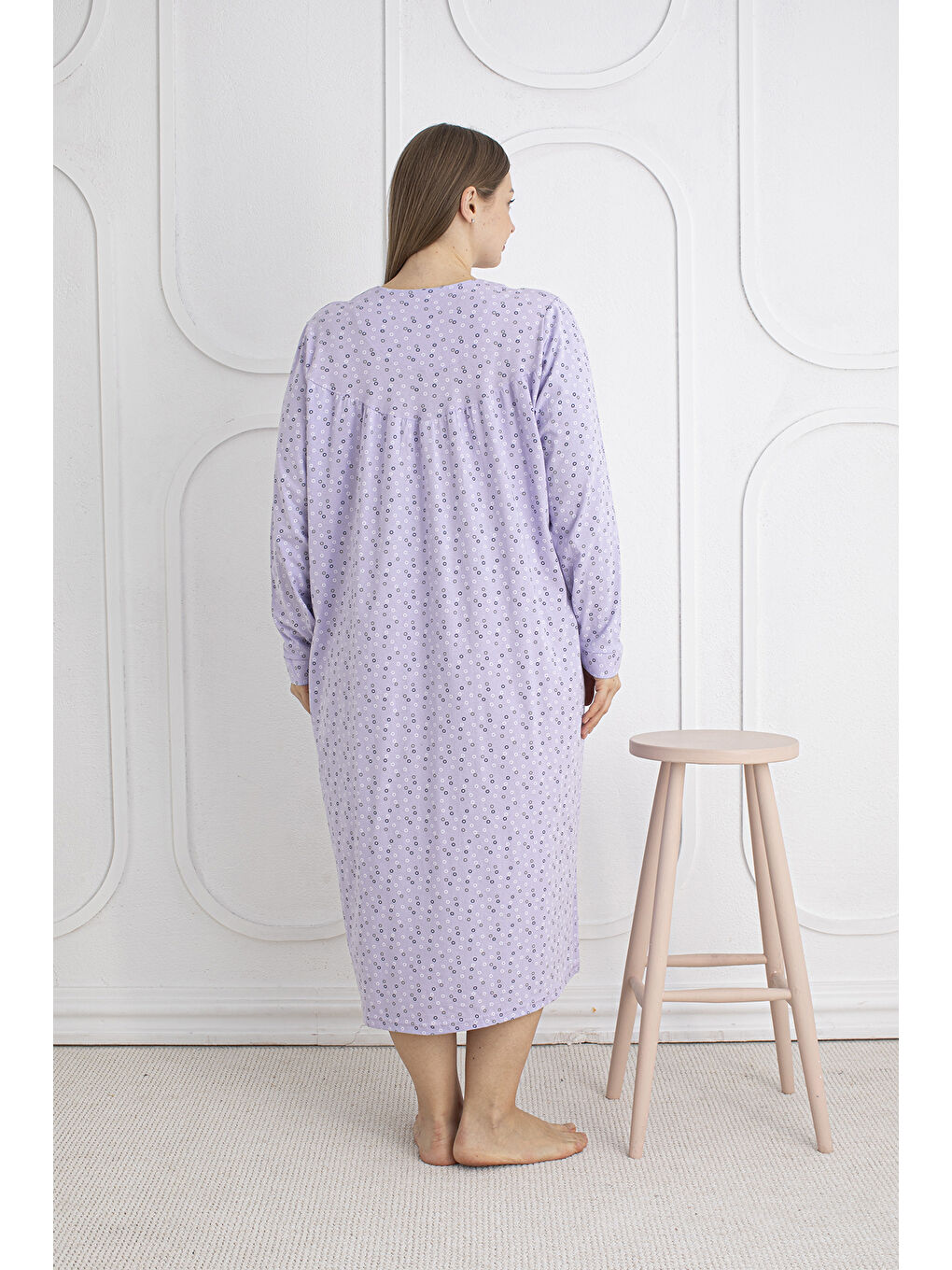 Lila %100 Pamuklu Mevsimlik Kumaş Uzun Kol Büyük Beden Anne Geceliği 813-5