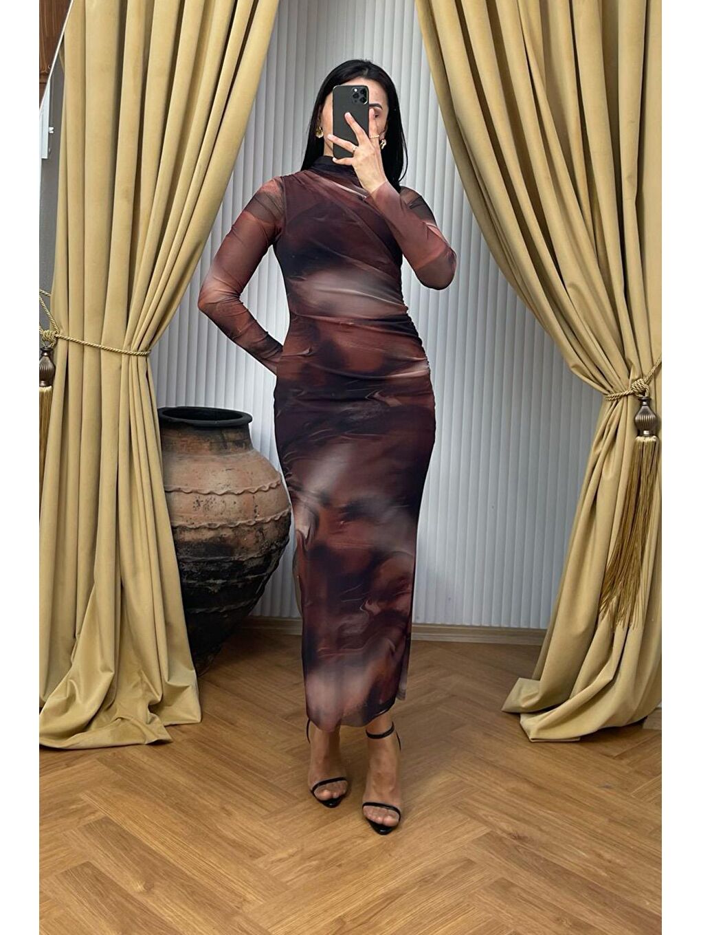 Kahverengi Desenli Uzun Kollu Tül Elbise Mg2008-4