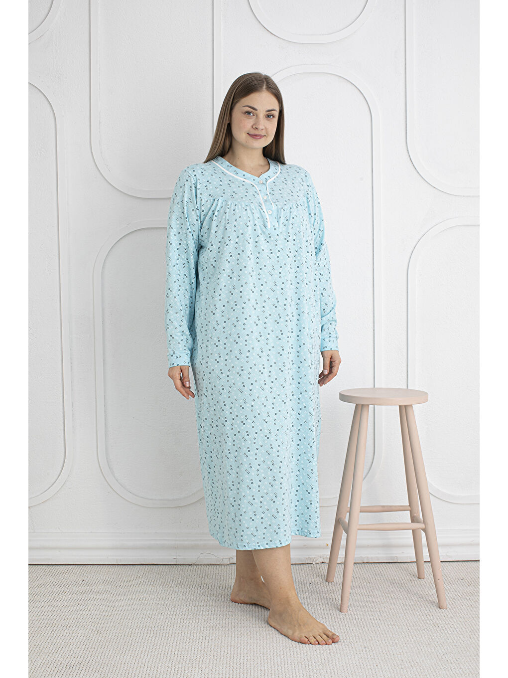 Yeşil %100 Pamuklu Mevsimlik Kumaş Uzun Kol Büyük Beden Anne Geceliği 813-1