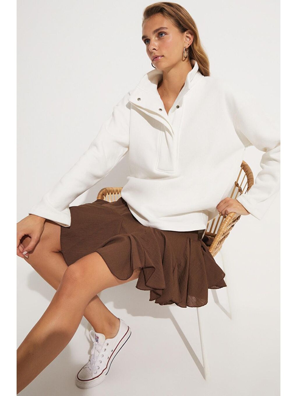 Kahverengi Kadın Keten Karışımlı Beli Lastikli Pilili Mini Etek-2