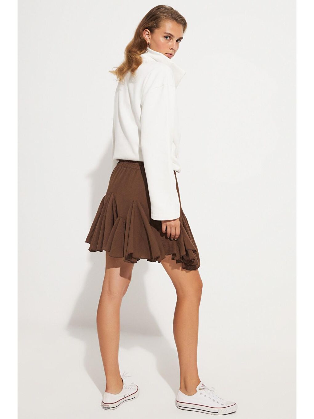 Kahverengi Kadın Keten Karışımlı Beli Lastikli Pilili Mini Etek-3