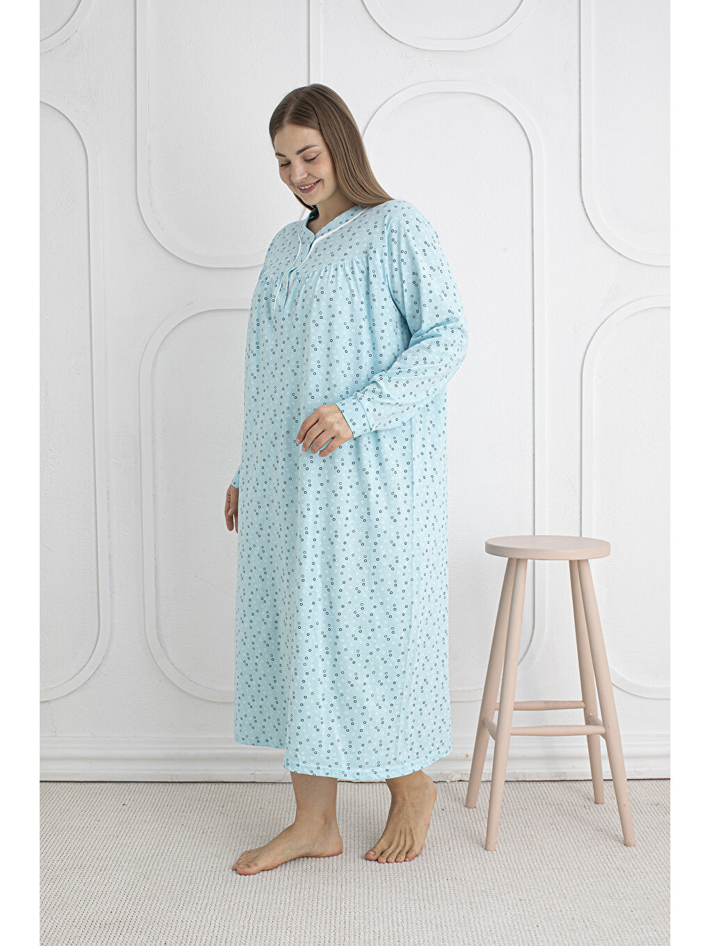 Yeşil %100 Pamuklu Mevsimlik Kumaş Uzun Kol Büyük Beden Anne Geceliği 813-2