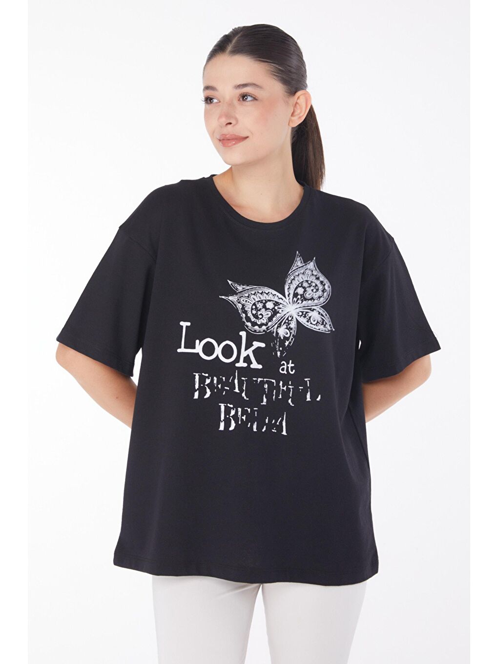 TOFİSA Bisiklet Yaka Kadın Siyah Baskılı Kısa Kollu T-Shirt - 25766