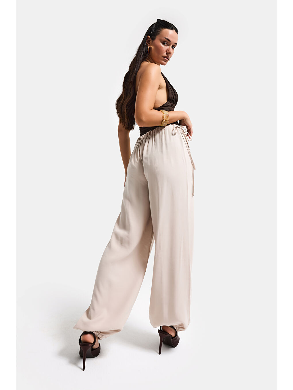 Kadın Bej s6-106 Baggy Jogger Fit Bol Kesim Pantolon-5