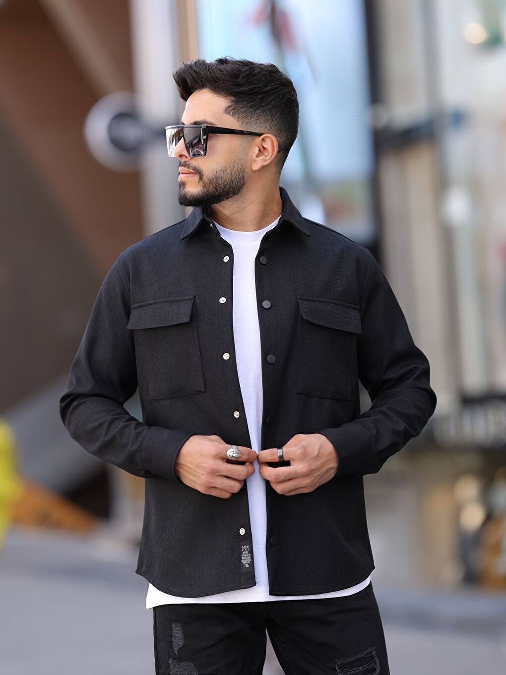 Siyah Erkek Kaplamalı Yün Effectli Örme Gömlek