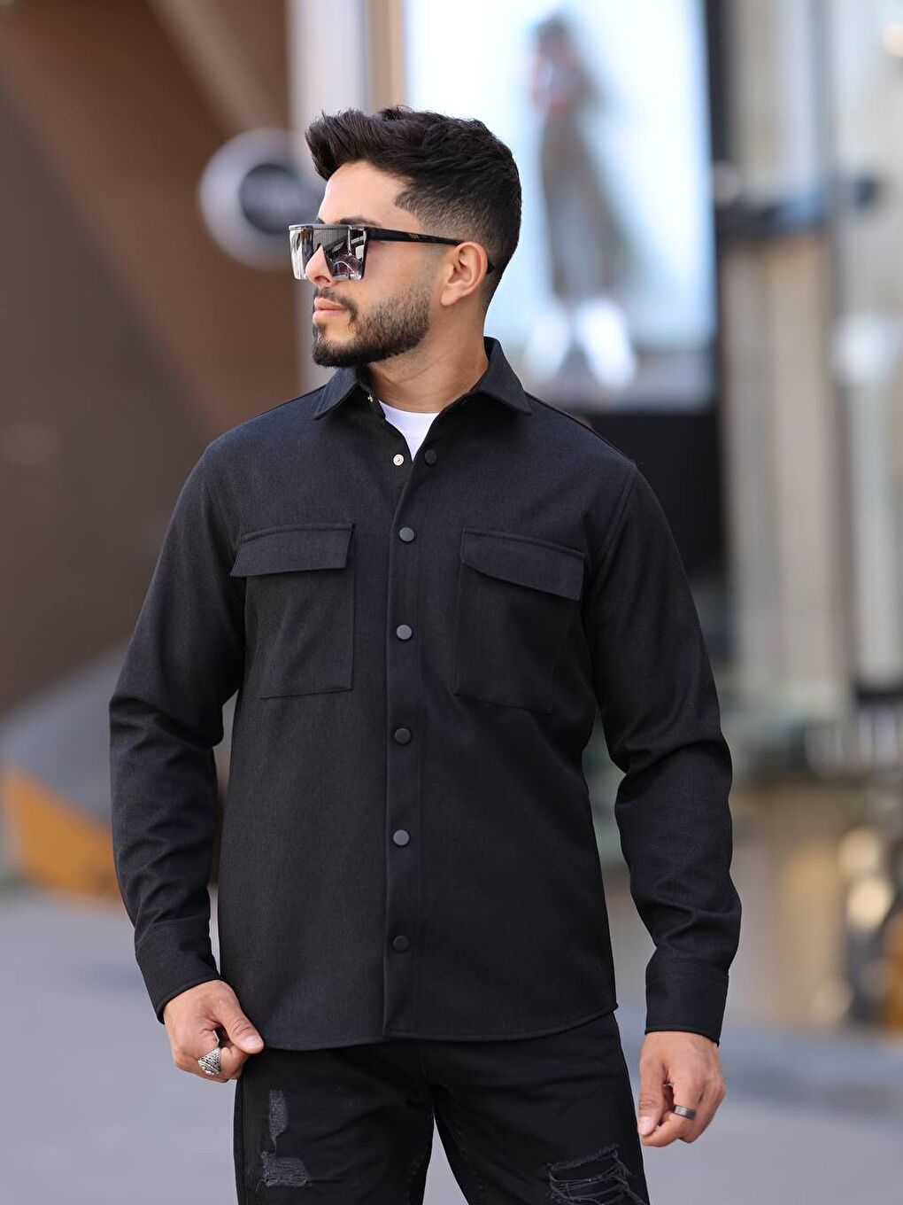 Siyah Erkek Kaplamalı Yün Effectli Örme Gömlek-1