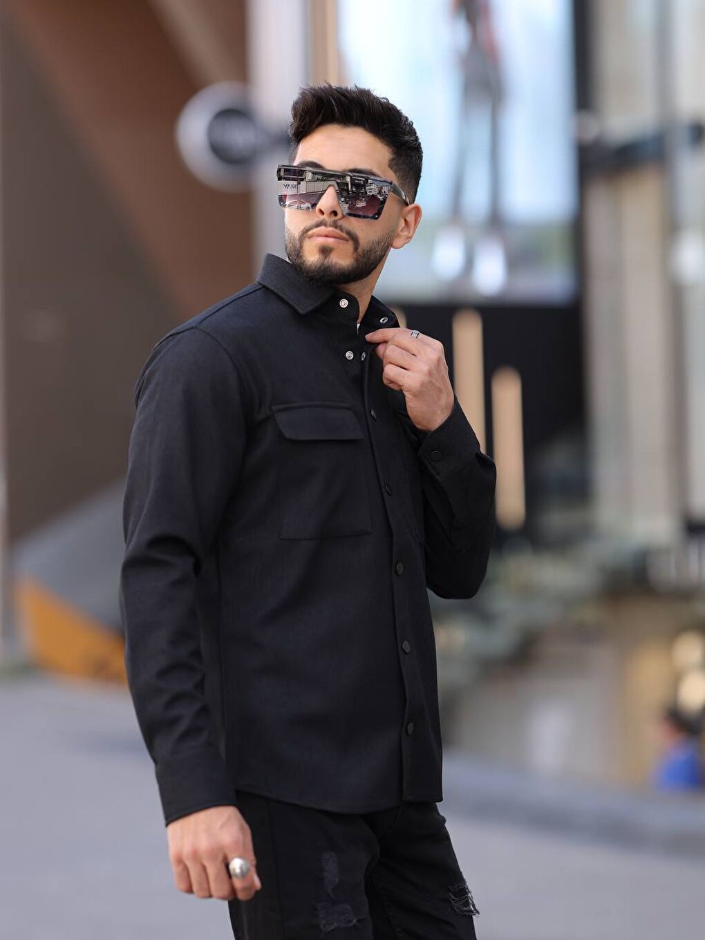 Siyah Erkek Kaplamalı Yün Effectli Örme Gömlek-2