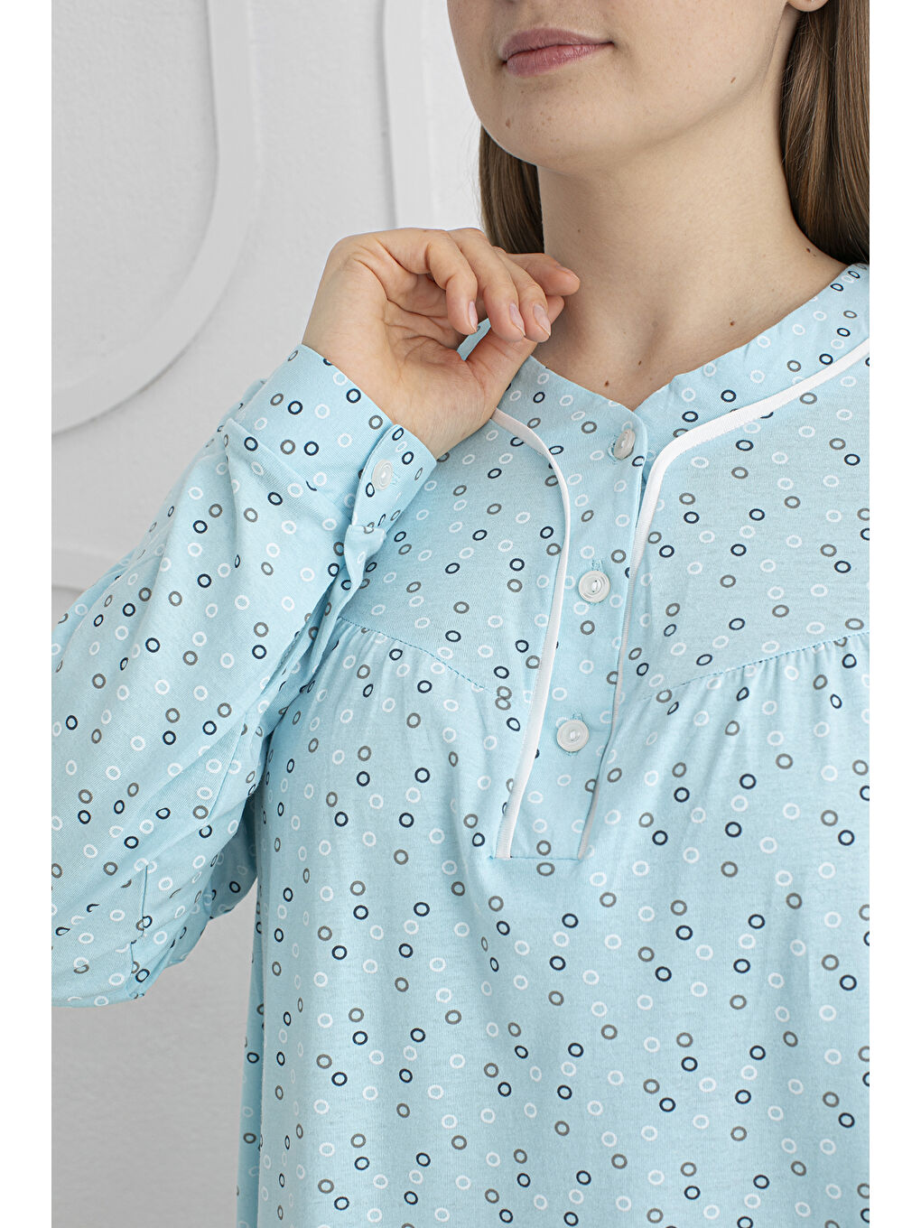 Yeşil %100 Pamuklu Mevsimlik Kumaş Uzun Kol Büyük Beden Anne Geceliği 813-3