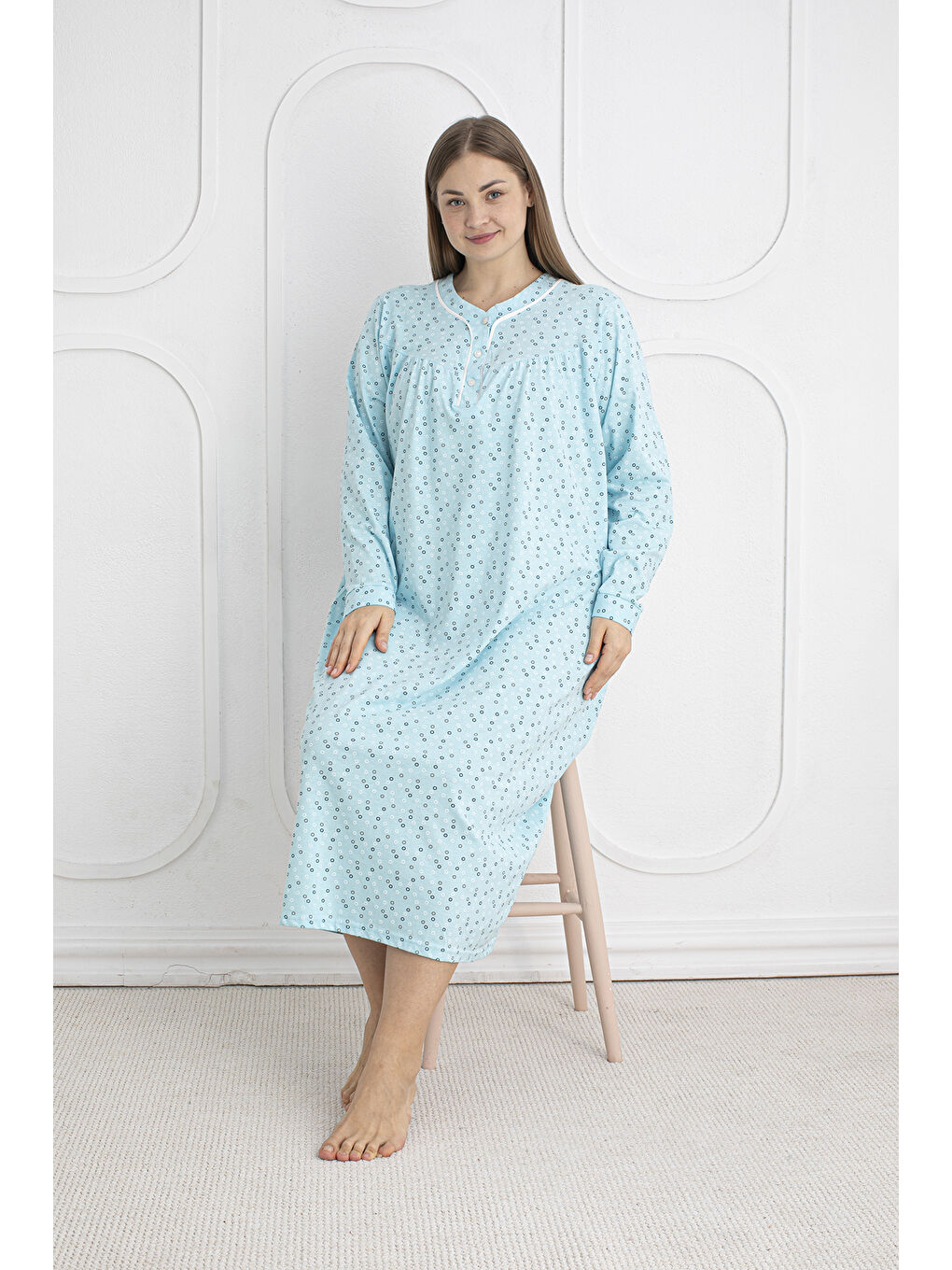 Yeşil %100 Pamuklu Mevsimlik Kumaş Uzun Kol Büyük Beden Anne Geceliği 813-4