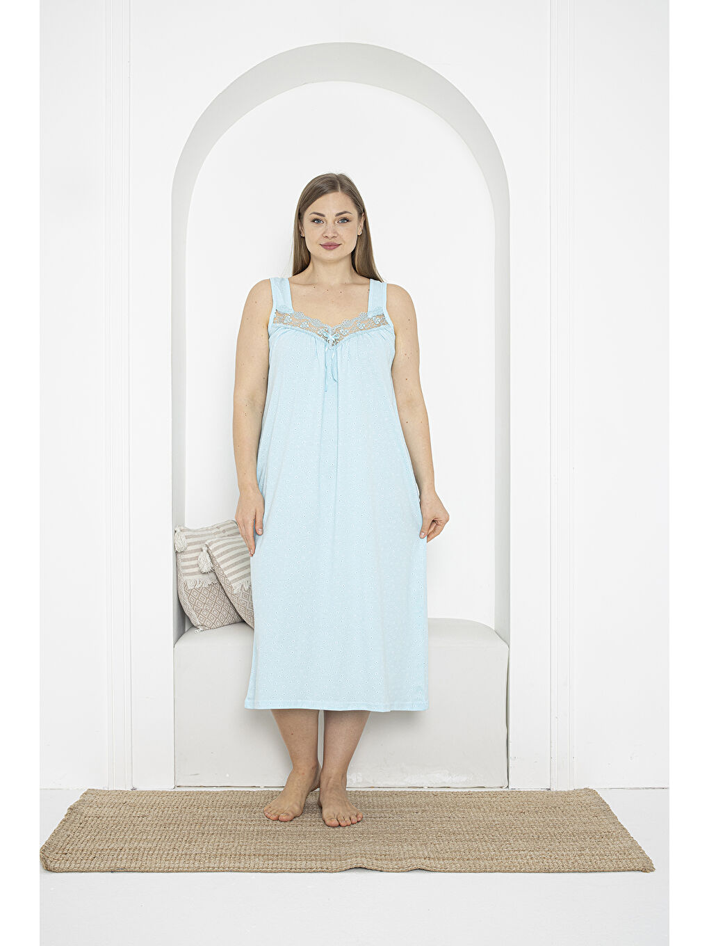 Yeşil Kalın Askılı Dantel Detaylı %100 Pamuklu Penye Büyük Beden Anne Geceliği 263-1