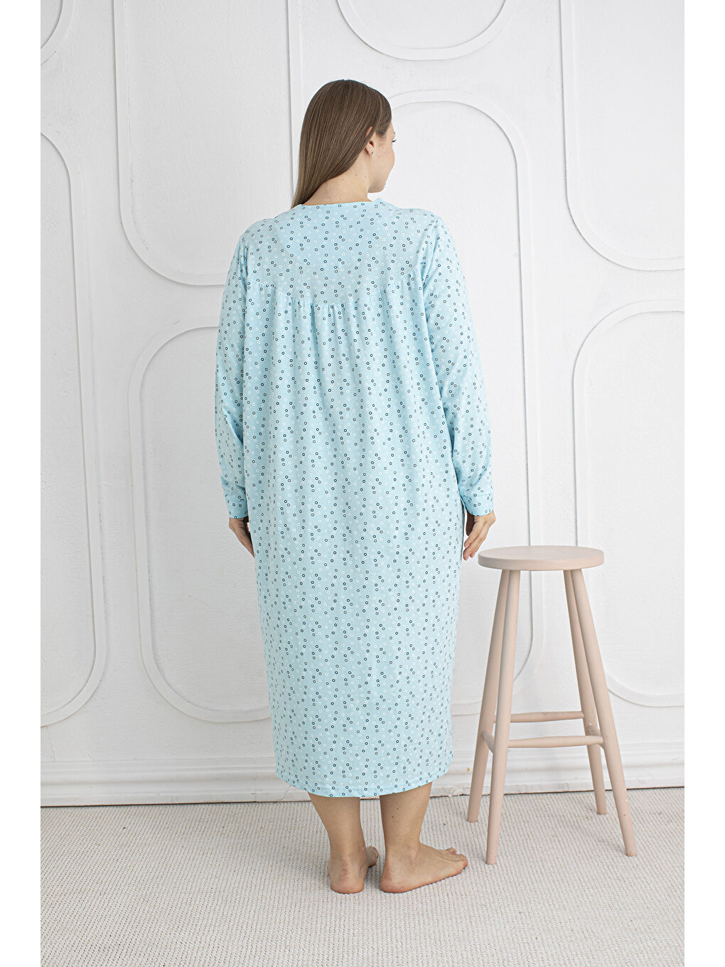Yeşil %100 Pamuklu Mevsimlik Kumaş Uzun Kol Büyük Beden Anne Geceliği 813-5