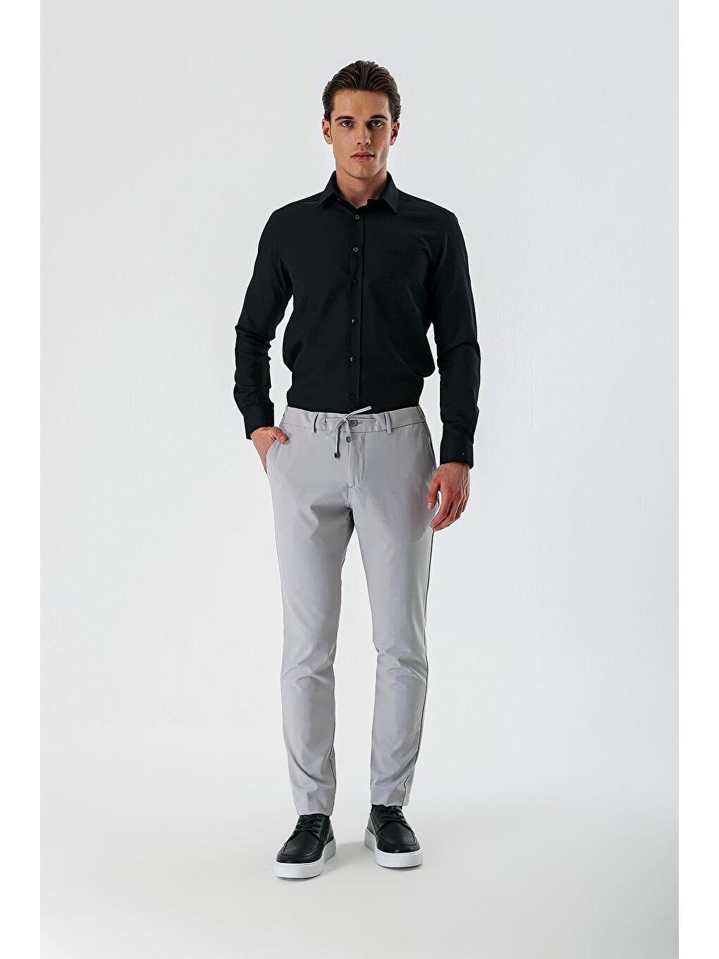 Açık Gri Esnek Lastikli Yandan Cepli Casual Slim Fit Jogger Pantolon 1003240155-1