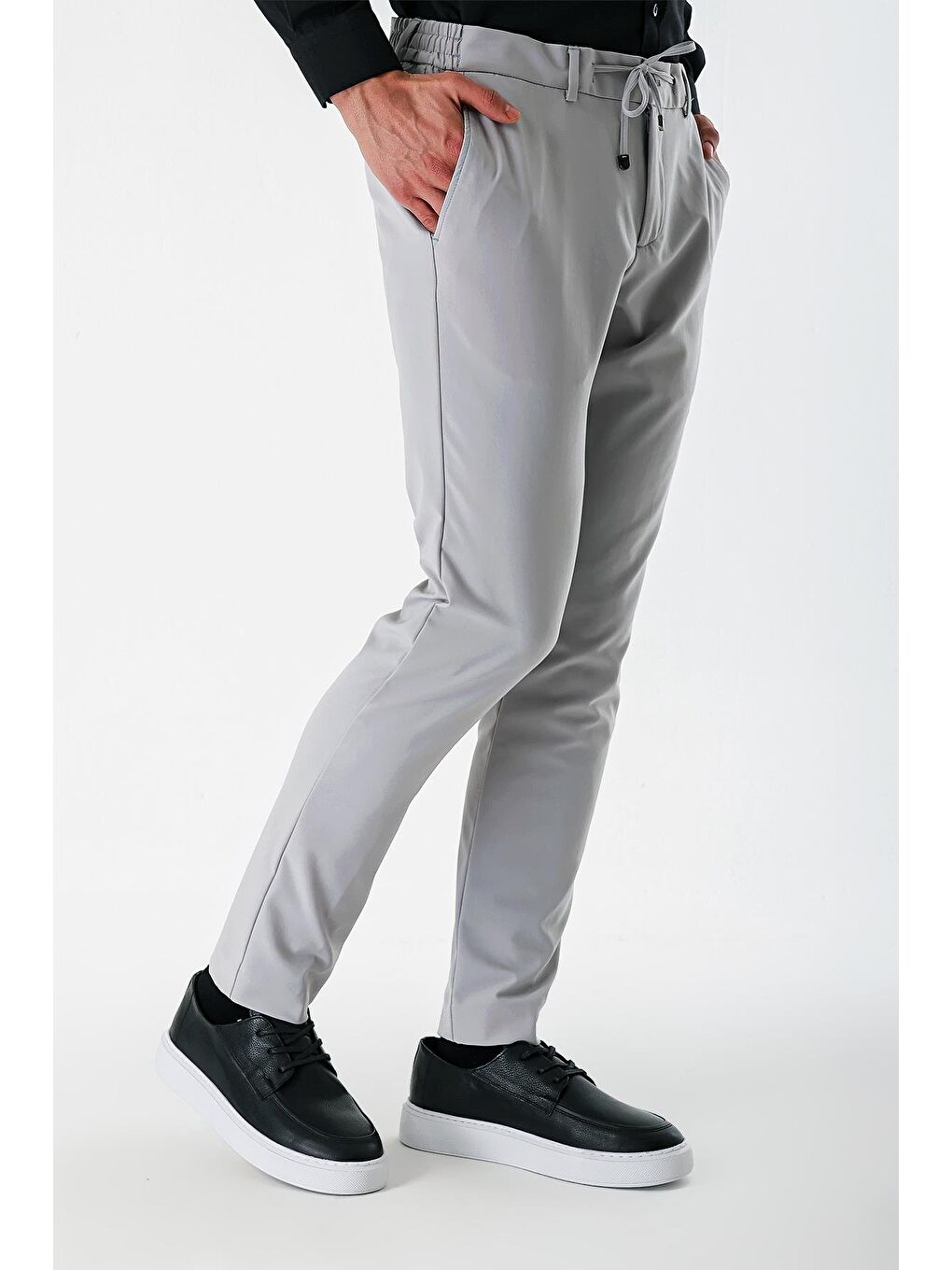 Açık Gri Esnek Lastikli Yandan Cepli Casual Slim Fit Jogger Pantolon 1003240155-6