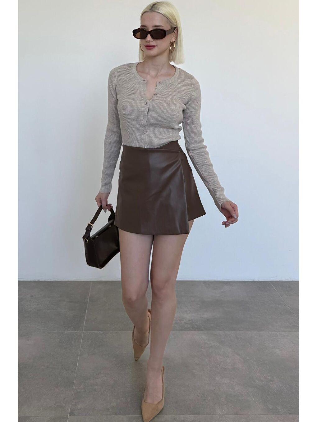 Kahverengi Deri Mini Şort Etek Mg2550-4